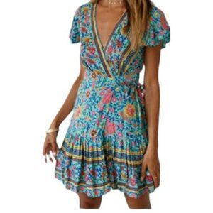Zesica Mini Wrap Dress, Ruffle Hem, Flutter Sleeves, Multicolor Floral, Small